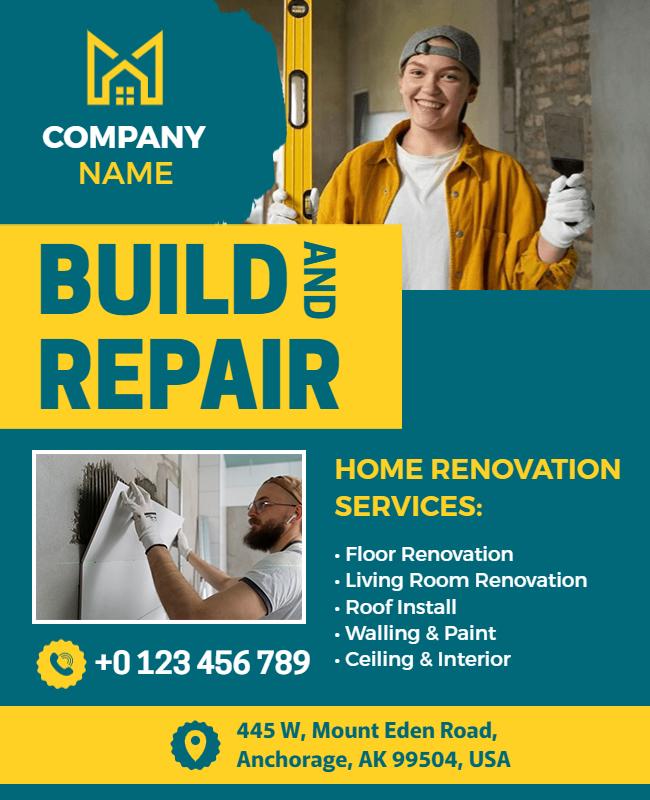 Bold Blue Home Renovation Build and Repair Flyer Template