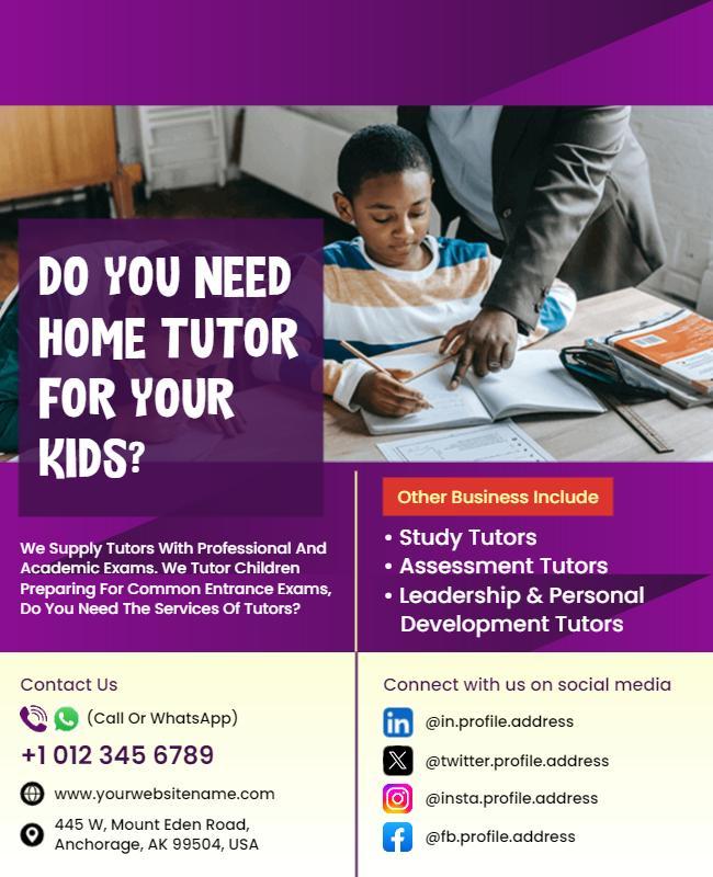 Professional Purple Home Tutor Services Flyer Template