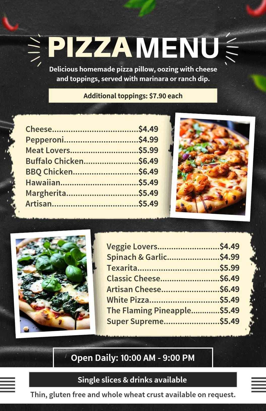 Homemade Cheese and Topping Delights for Everyone Pizza Menu Template