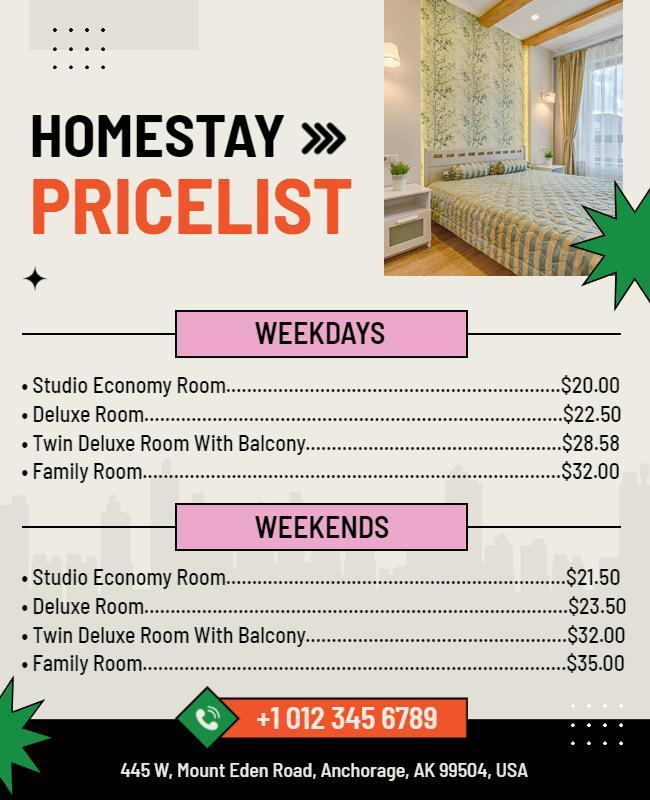 Homestay Accommodation Pricing Information Flyer Template