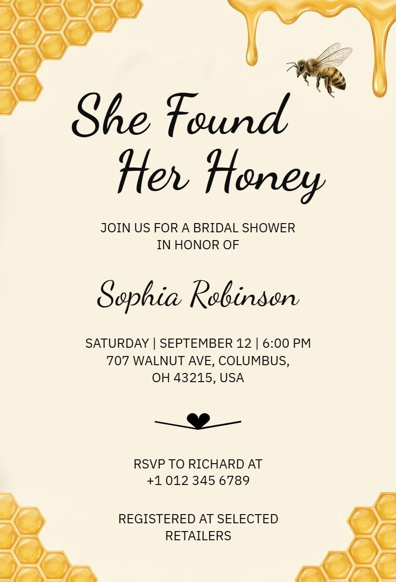 Honey Bee Themed Elegant Bridal Shower Invitation Template