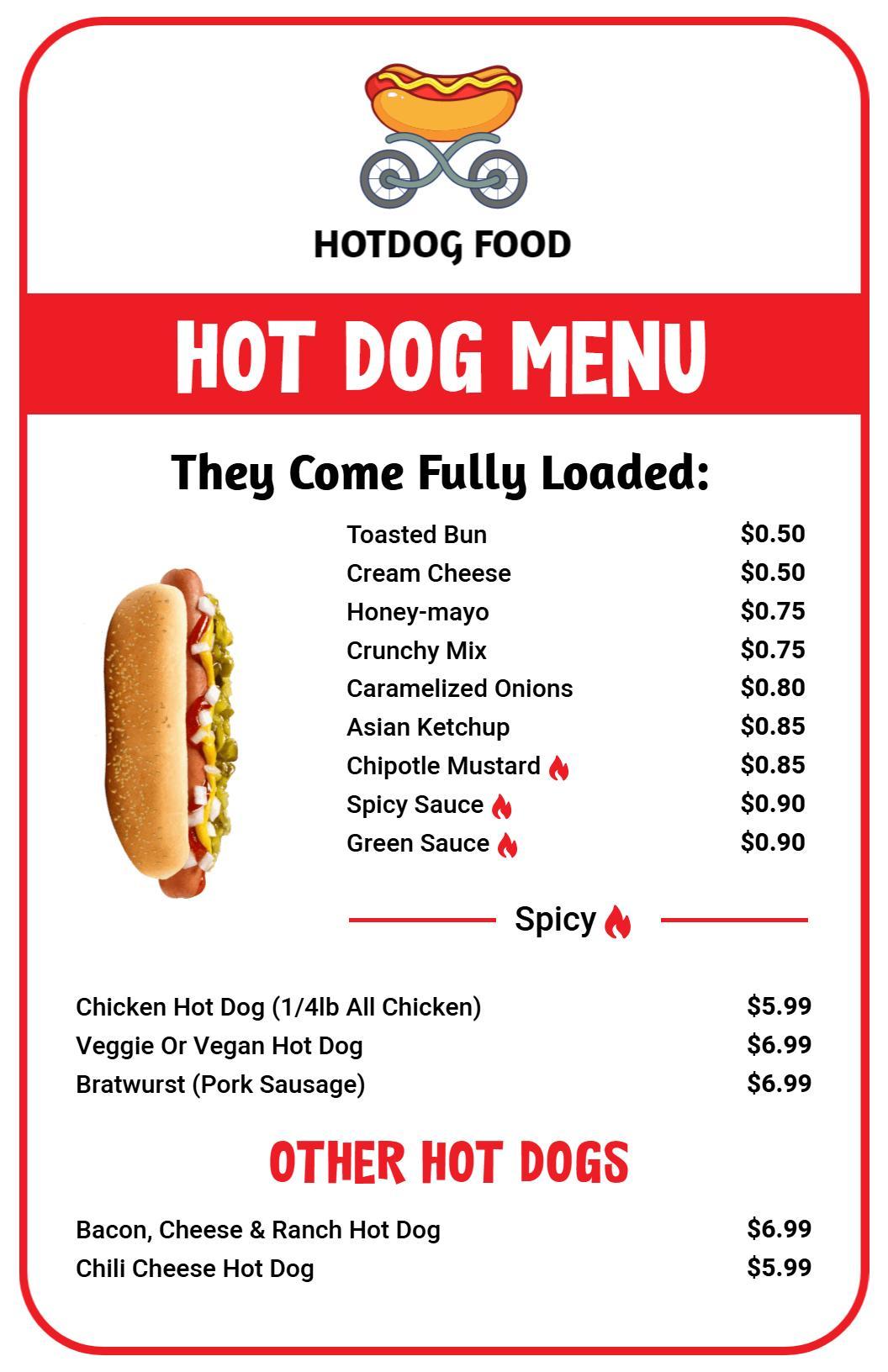 Hot Dog Toppings and Specialty Options Menu Template