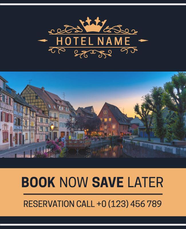 Elegant Dark Blue Hotel Booking Promotion Flyer Template