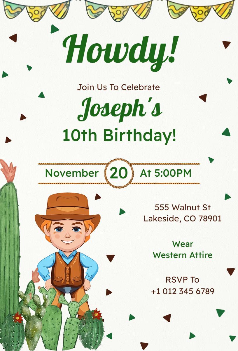 Howdy Cowboy Theme Fun 10th Birthday Celebration Invitation Template