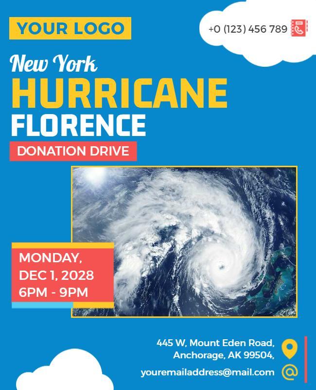 Bold Blue Hurricane Florence Donation Drive Flyer Template