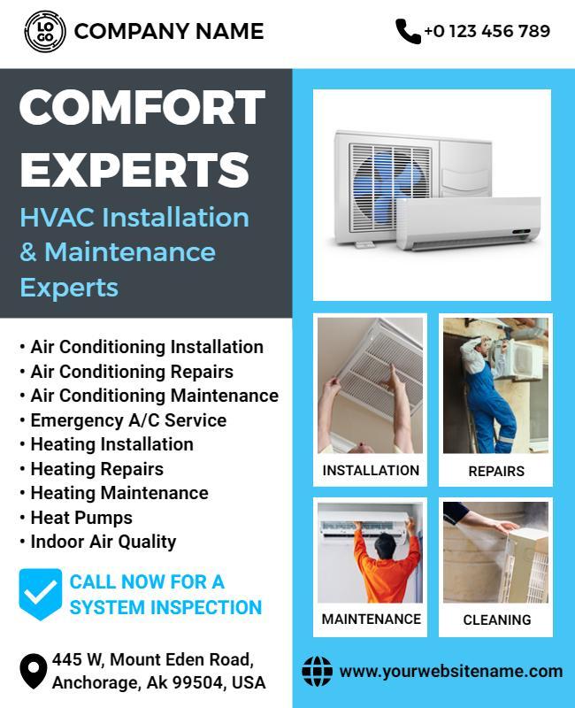 Modern Blue HVAC Installation and Maintenance Services Flyer Template