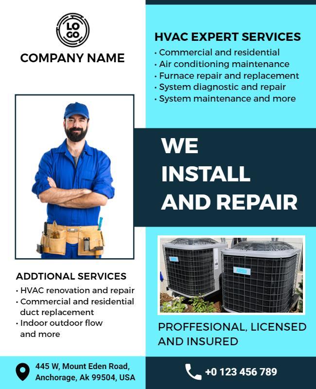 Modern Blue HVAC Installation and Repair Services Flyer Template