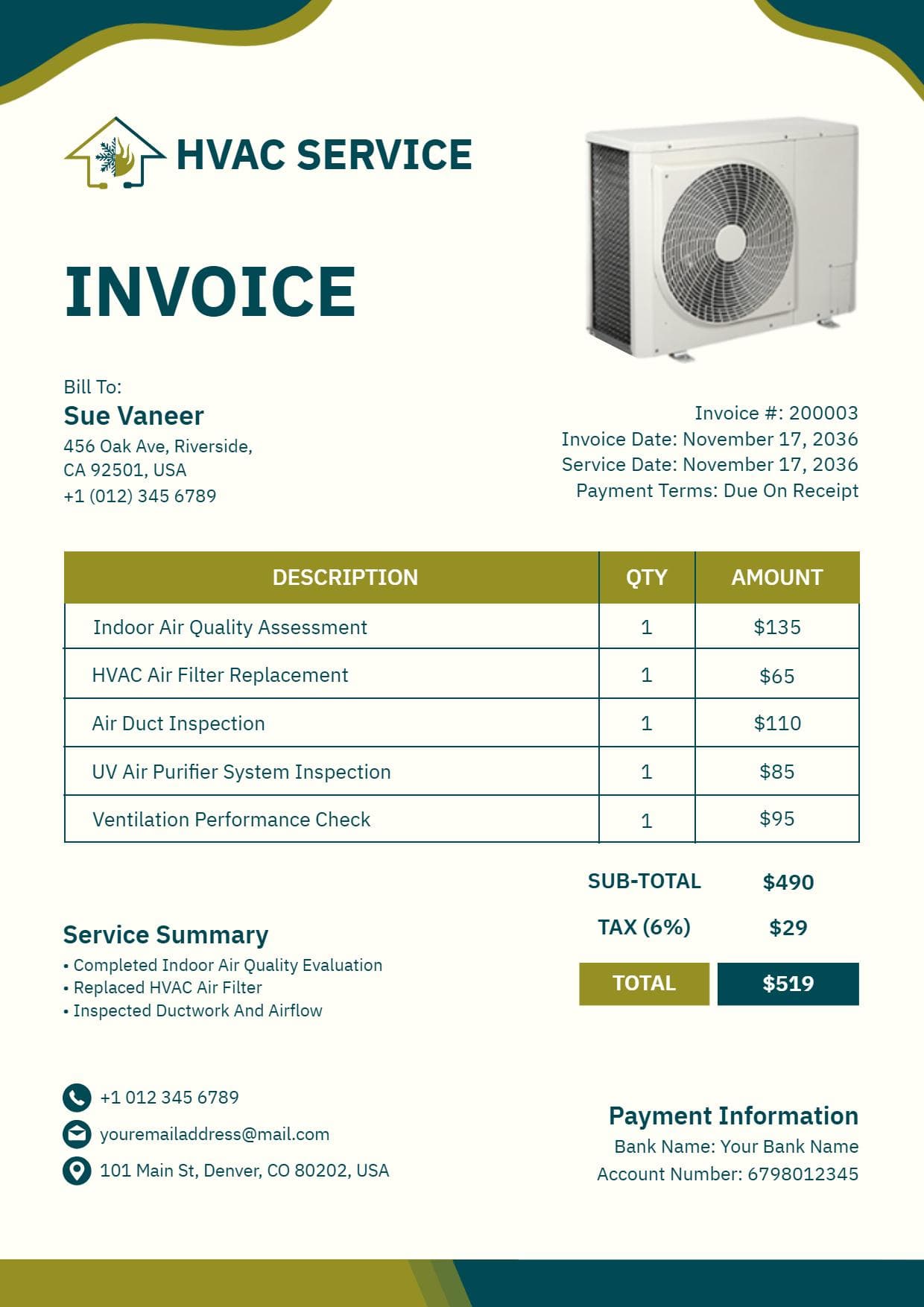HVAC Service and Equipment Maintenance Charges Invoice Template