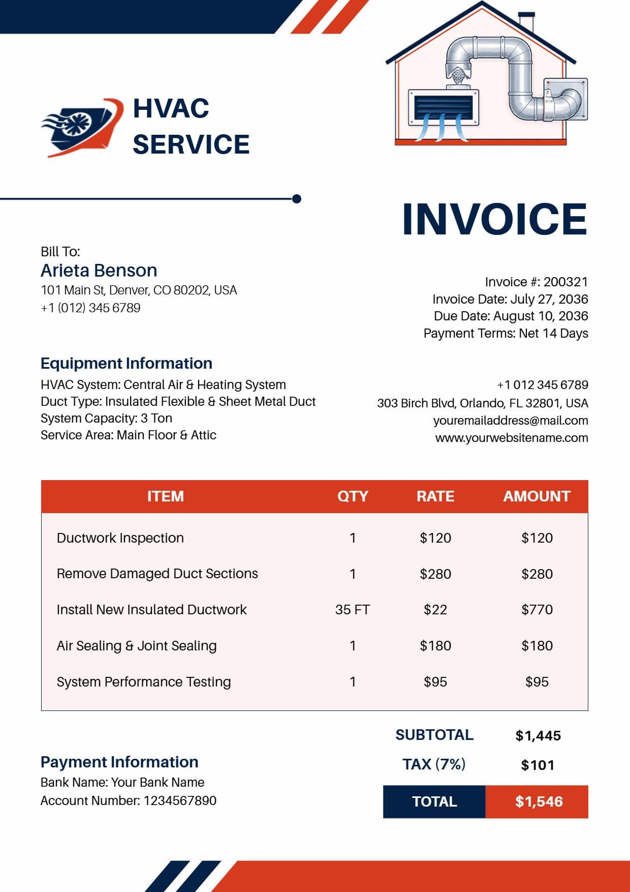HVAC Service and Maintenance Billing Invoice Template