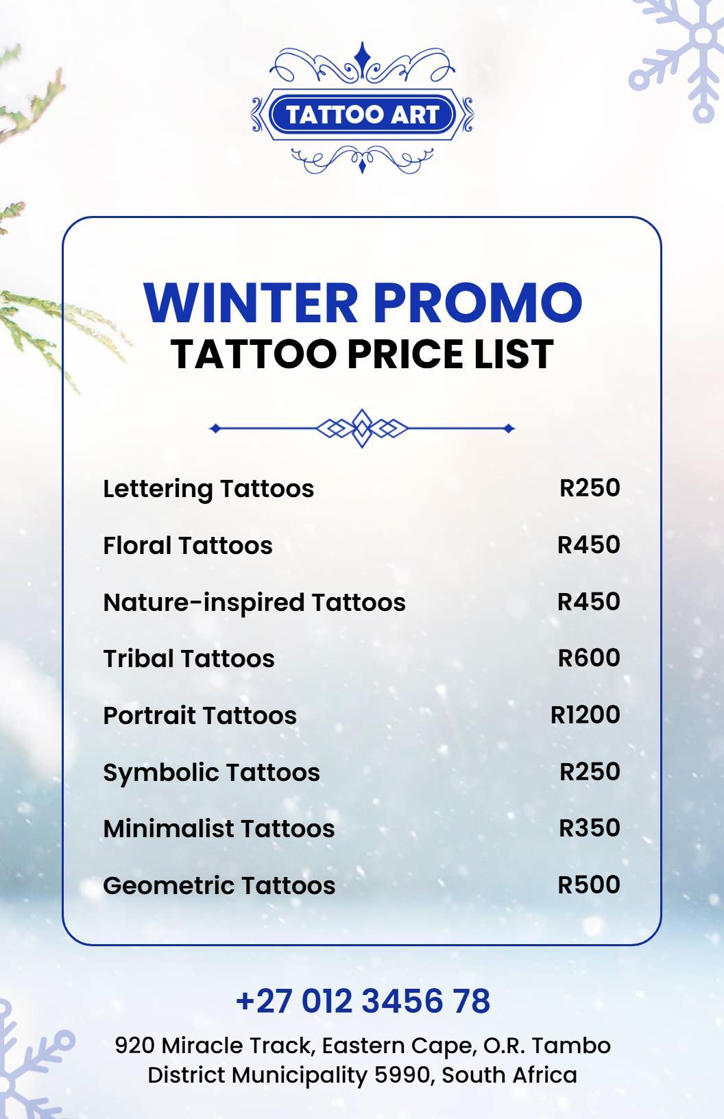 Icy Blue Winter Promotion Tattoo Price List Template