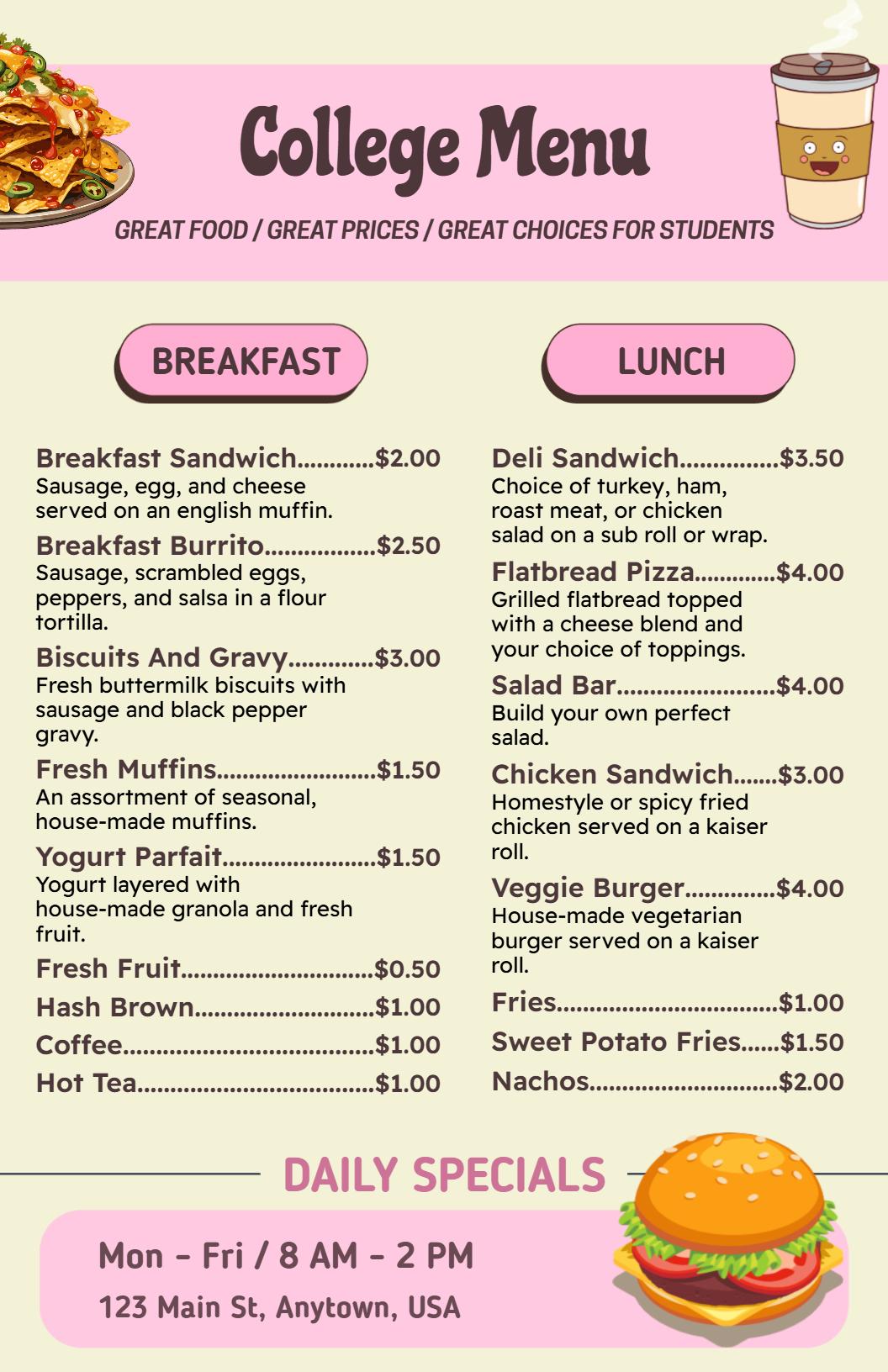 Illustrated Casual Dining College Canteen Daily Specials Menu Template