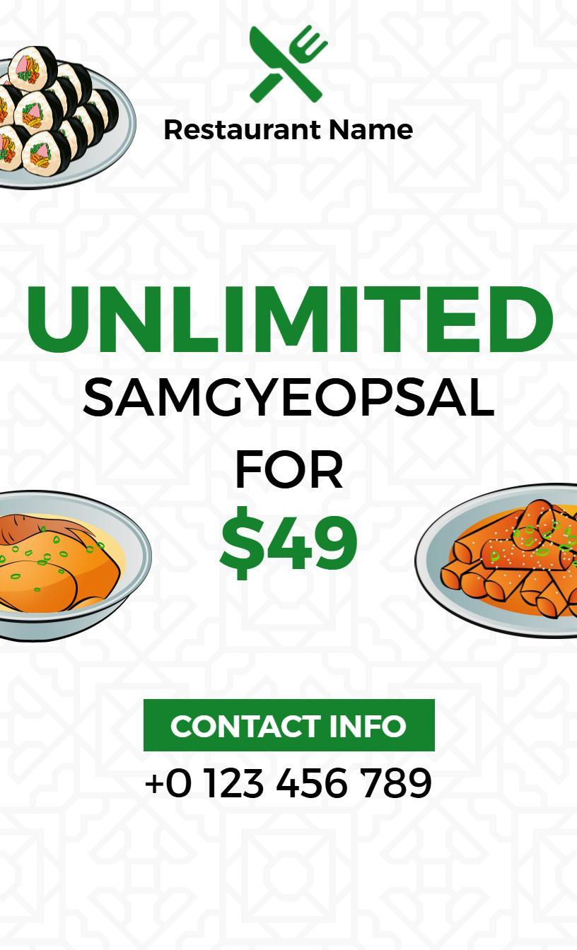 Illustrated Green Unlimited Samgyeopsal Promotion Menu Template