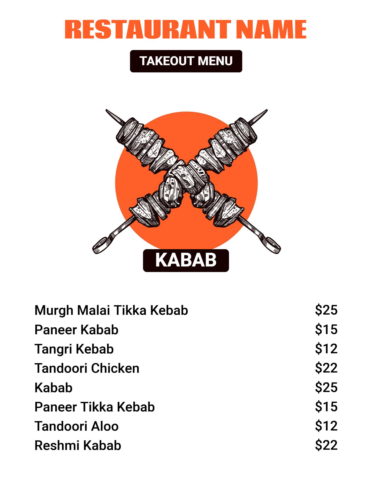 Illustrated Orange and Black Kabab Takeout Menu Template
