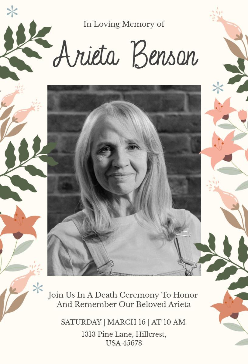 In Loving Memory Floral Funeral Service Invitation Template