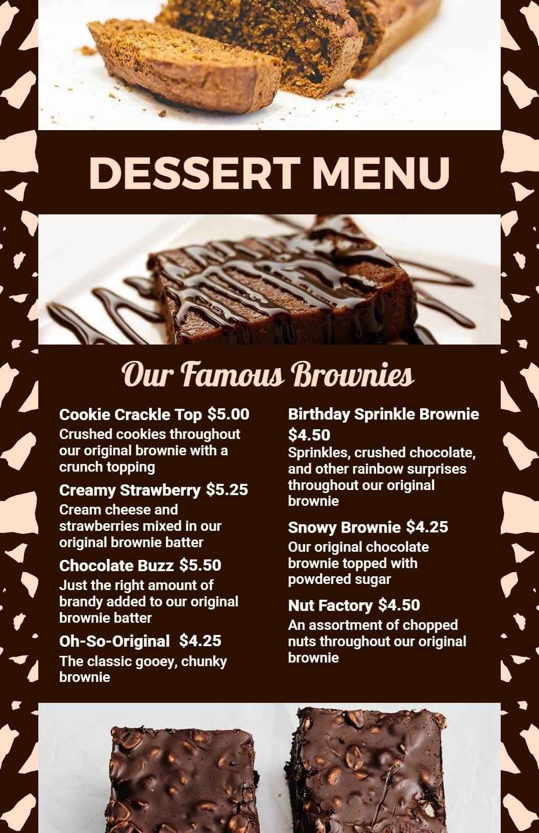 Indulgent Brownie Offerings With Unique Toppings Dessert Menu Template