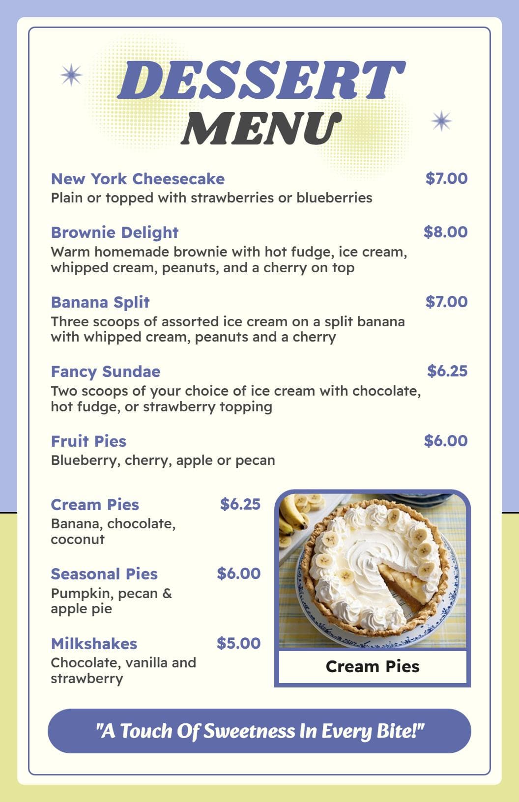 Indulgent Cheesecakes and Sweet Treats Delight Dessert Menu Template
