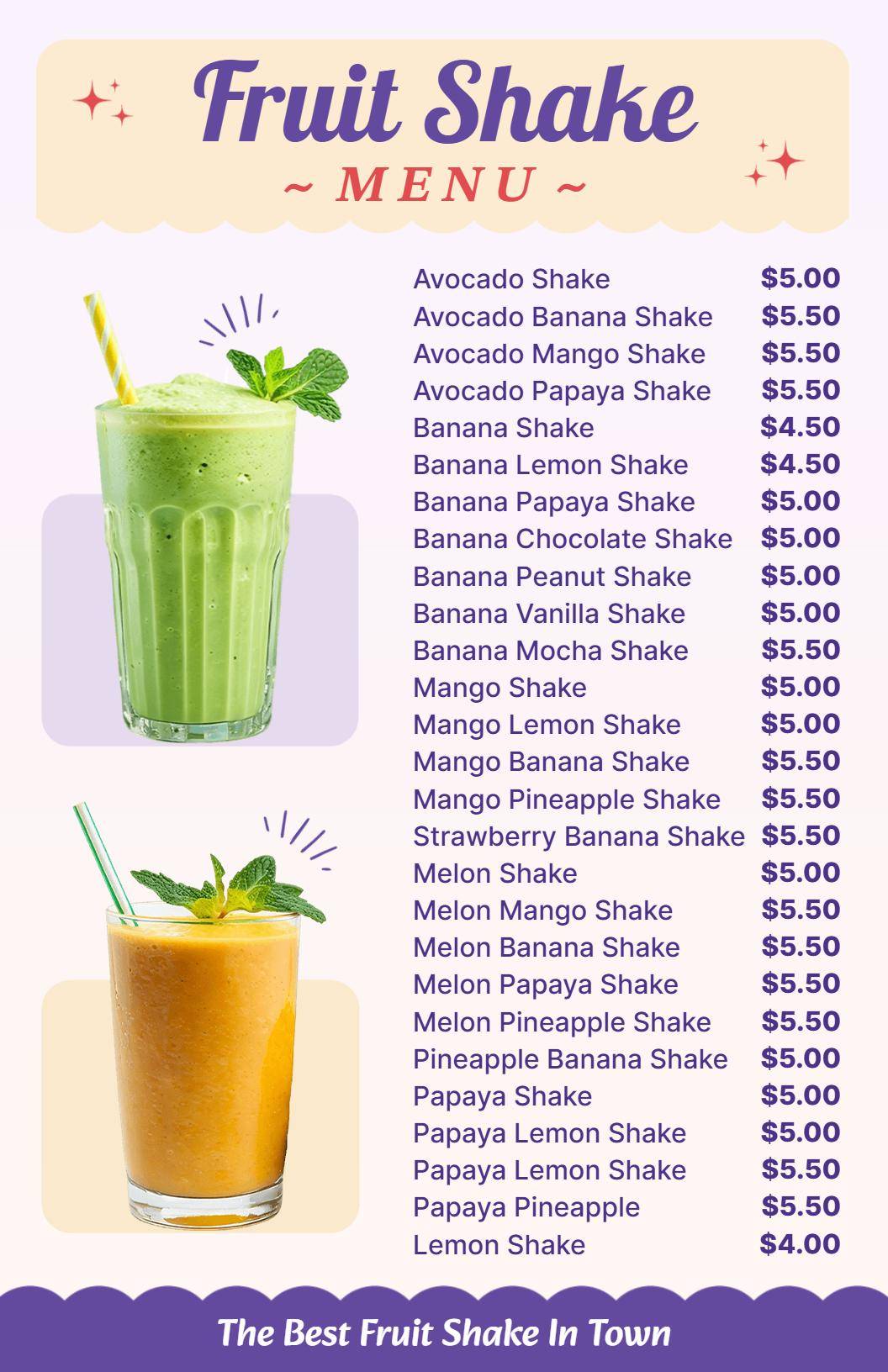 Indulgent Chocolate and Mocha Varieties Fruit Shake Drink Menu Template