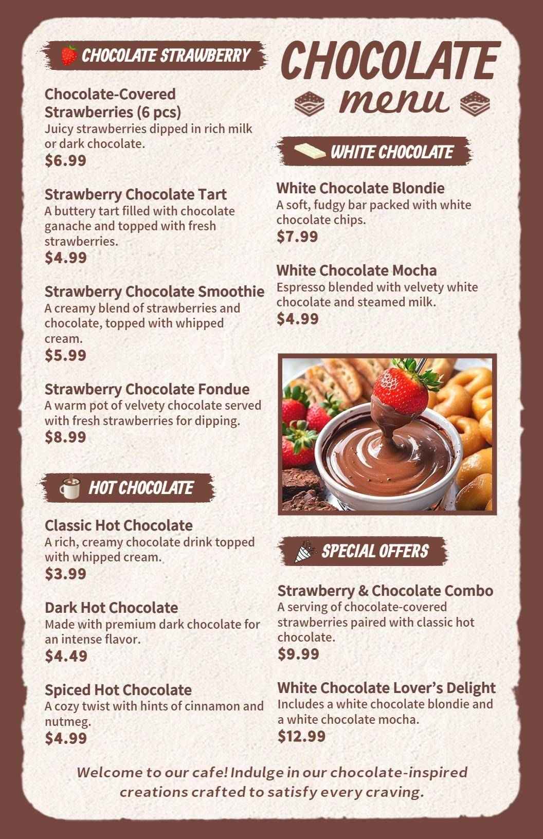 Indulgent Chocolate Desserts and Drink Selections Chocolate Menu Template