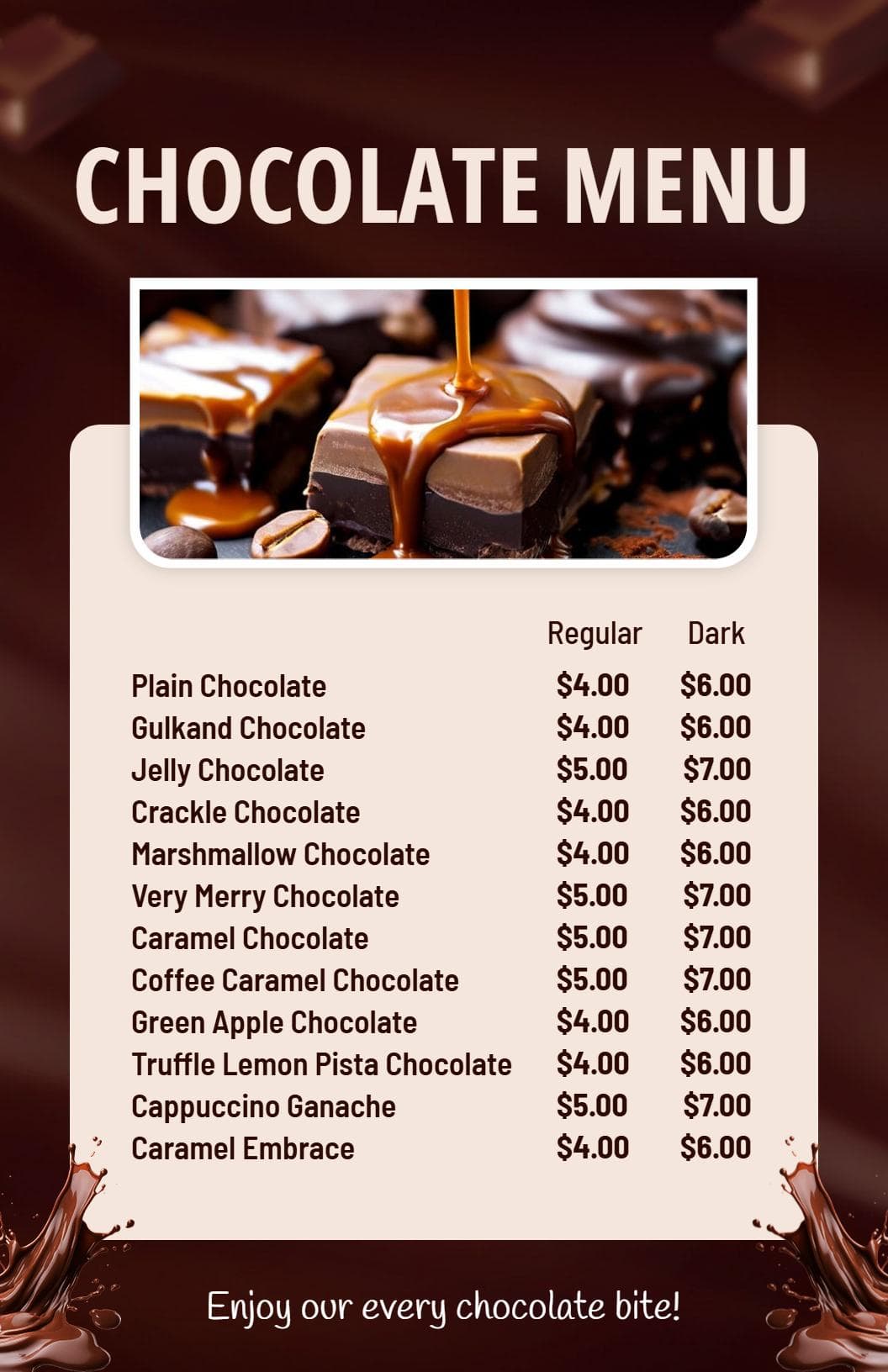 Indulgent Chocolate Varieties and Unique Flavors Chocolate Menu Template