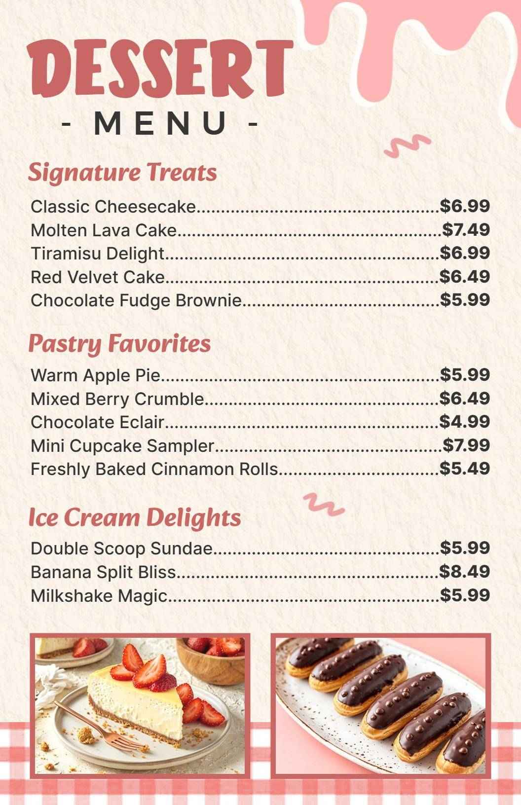 Indulgent Classic Cakes and Decadent Sweets Dessert Menu Template