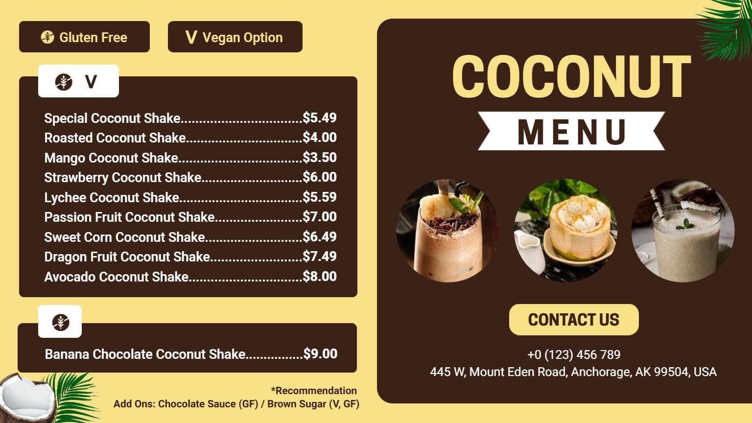 Indulgent Coconut Shakes and Sweet Treats Delicious Dessert Menu Template