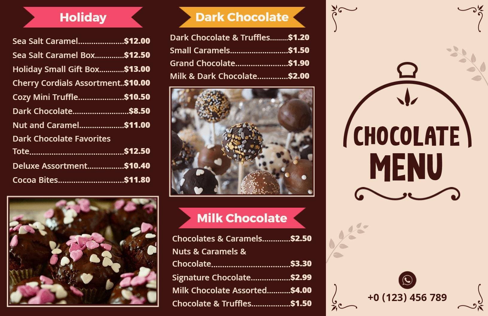 Indulgent Dark and Milk Chocolate Selections Delight Chocolate Menu Template