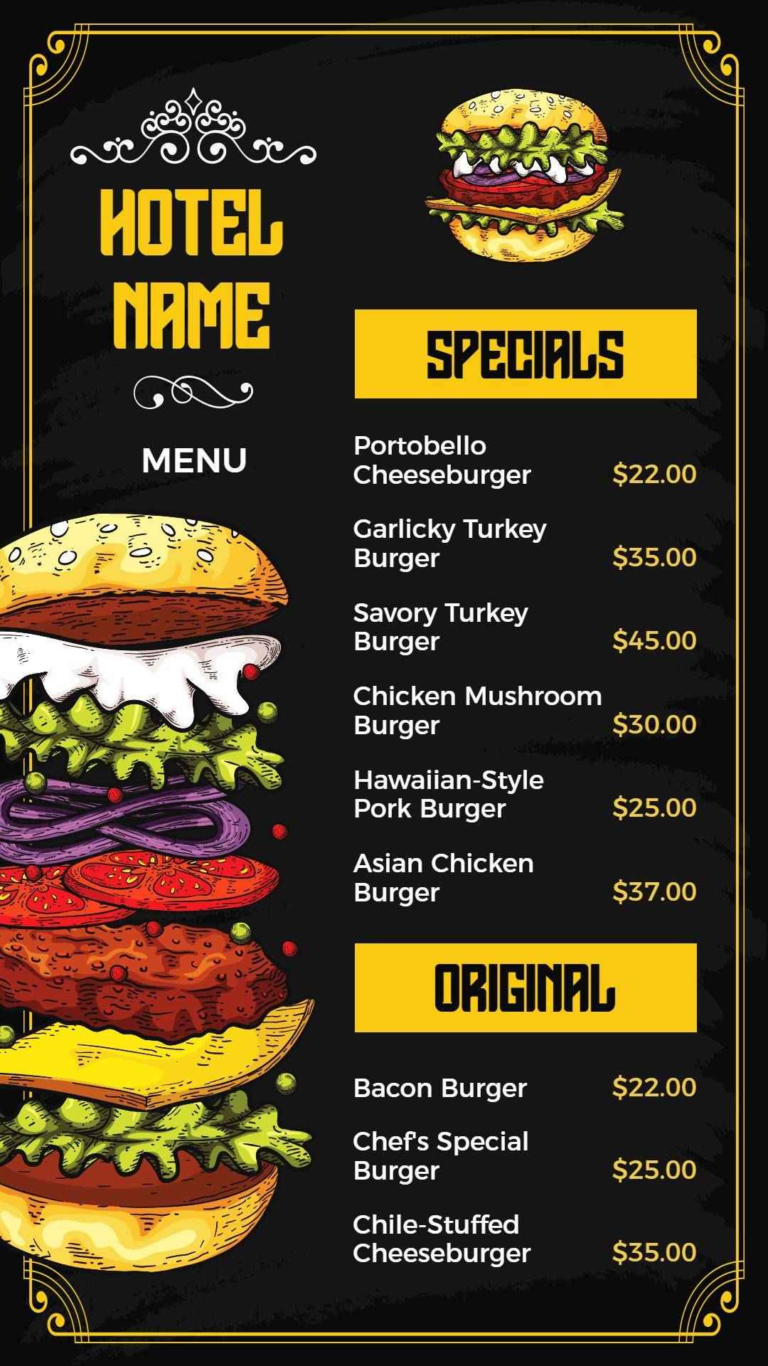 Indulgent Gourmet Burgers and Savory Specials Hotel Menu Template