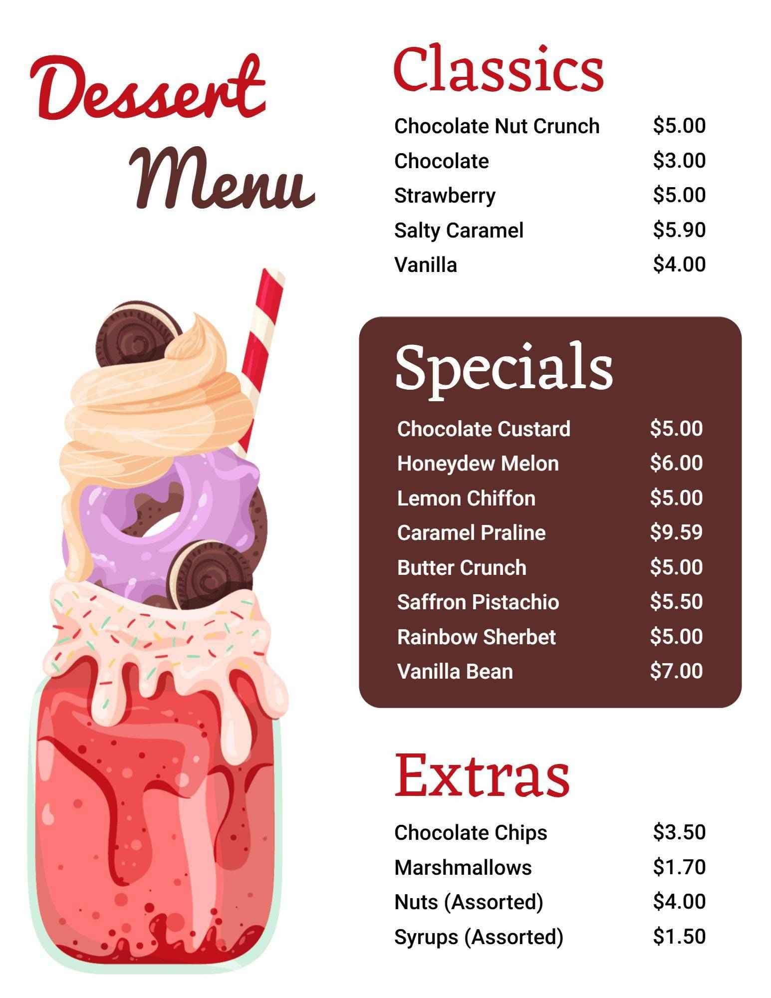 Indulgent Ice Cream and Sweet Treats Selection Dessert Menu Template