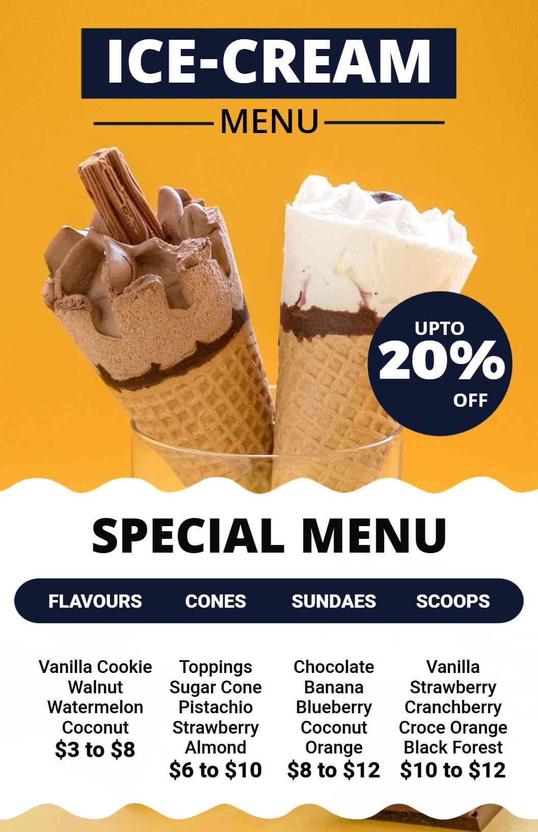 Indulgent Ice Cream Flavors and Classic Sundae Selections Ice Cream Menu Template