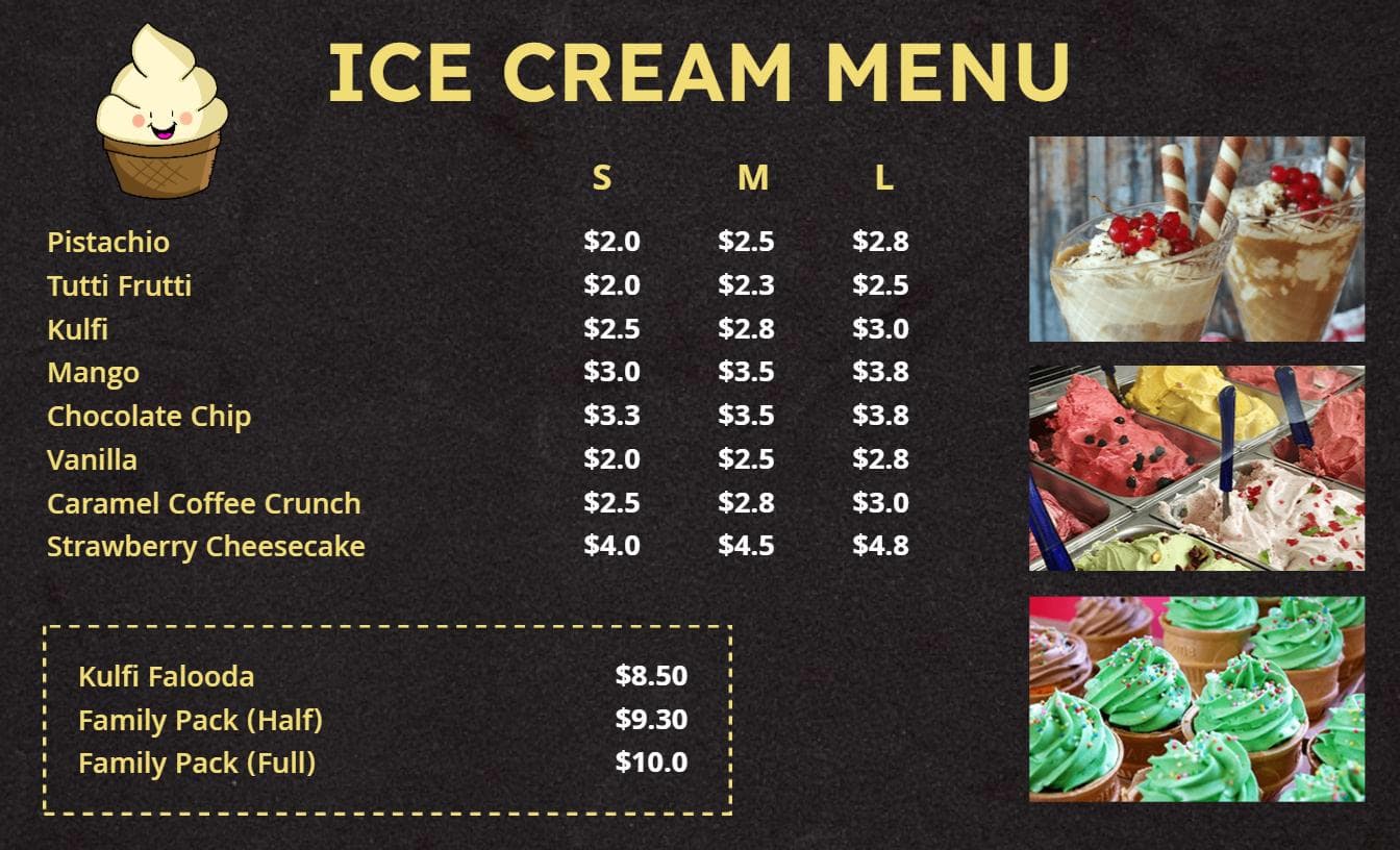 Indulgent Ice Cream Flavors and Sweet Treats Ice Cream Menu Template