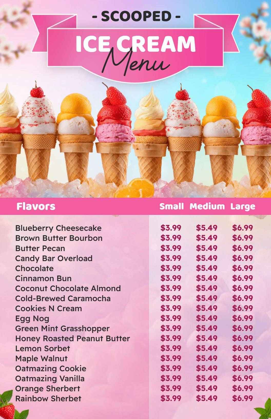 Indulgent Ice Cream Flavors with Toppings and Delicious Treats Menu Template