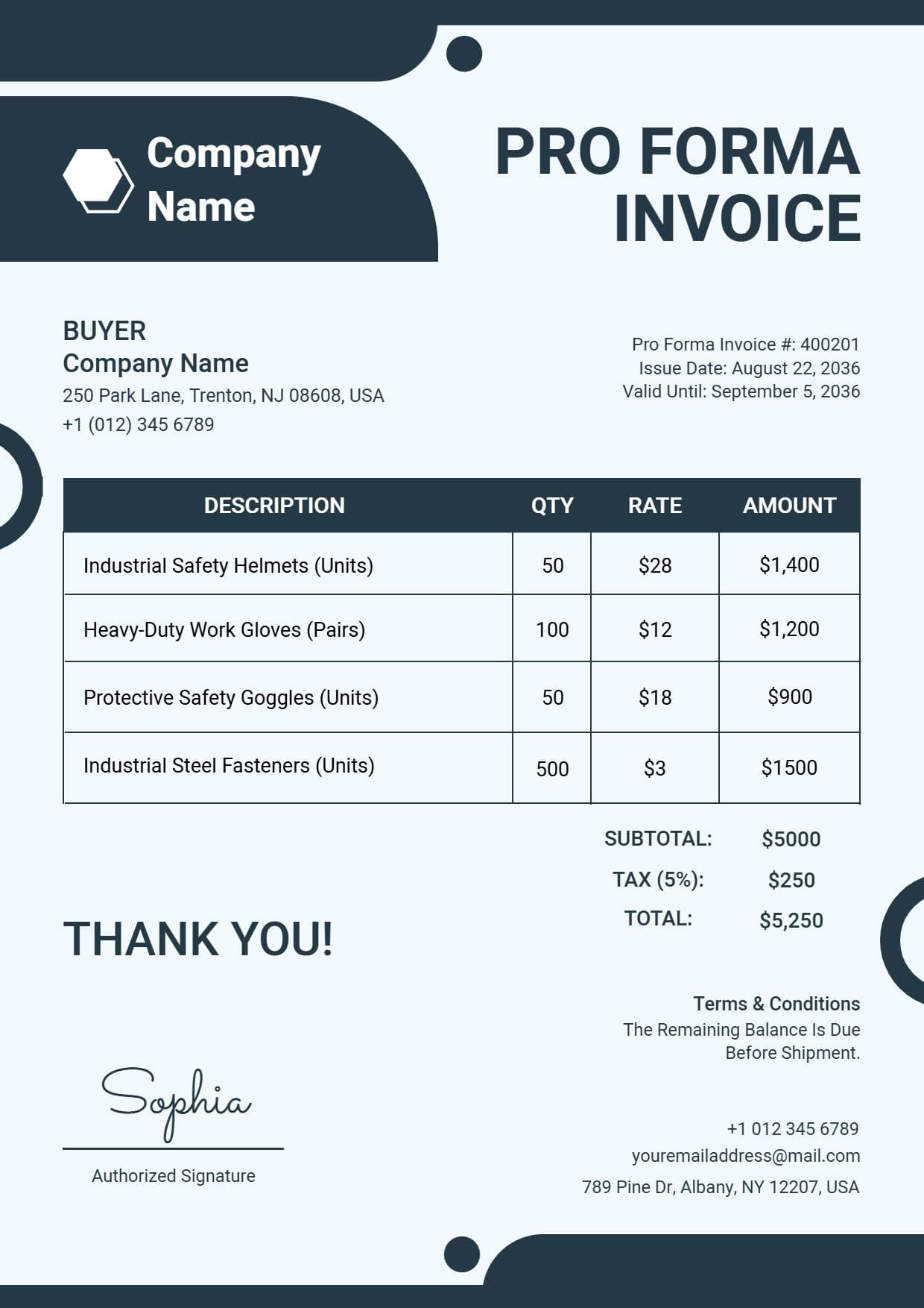 Industrial Equipment Billing Proforma Invoice Template