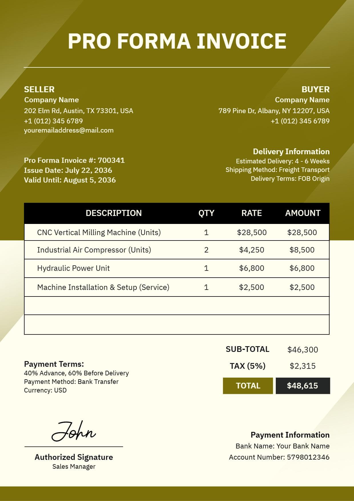 Industrial Equipment Purchase Billing Proforma Invoice Template