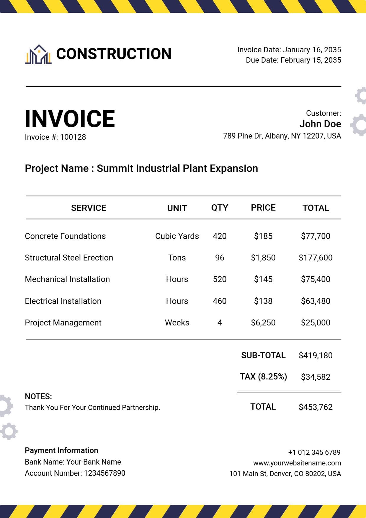 Industrial Plant Project Billing Invoice Template