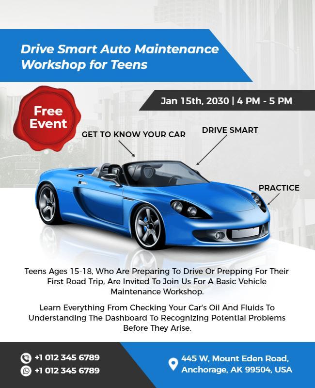 Informative Blue Auto Maintenance Workshop for Teens Poster Template