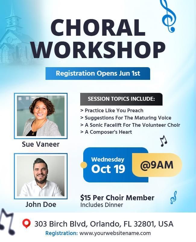 Informative Blue Choral Workshop with Session Topics Poster Template