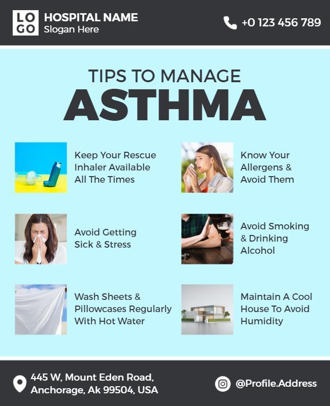 Informative Blue Health Tips for Managing Asthma Poster Template