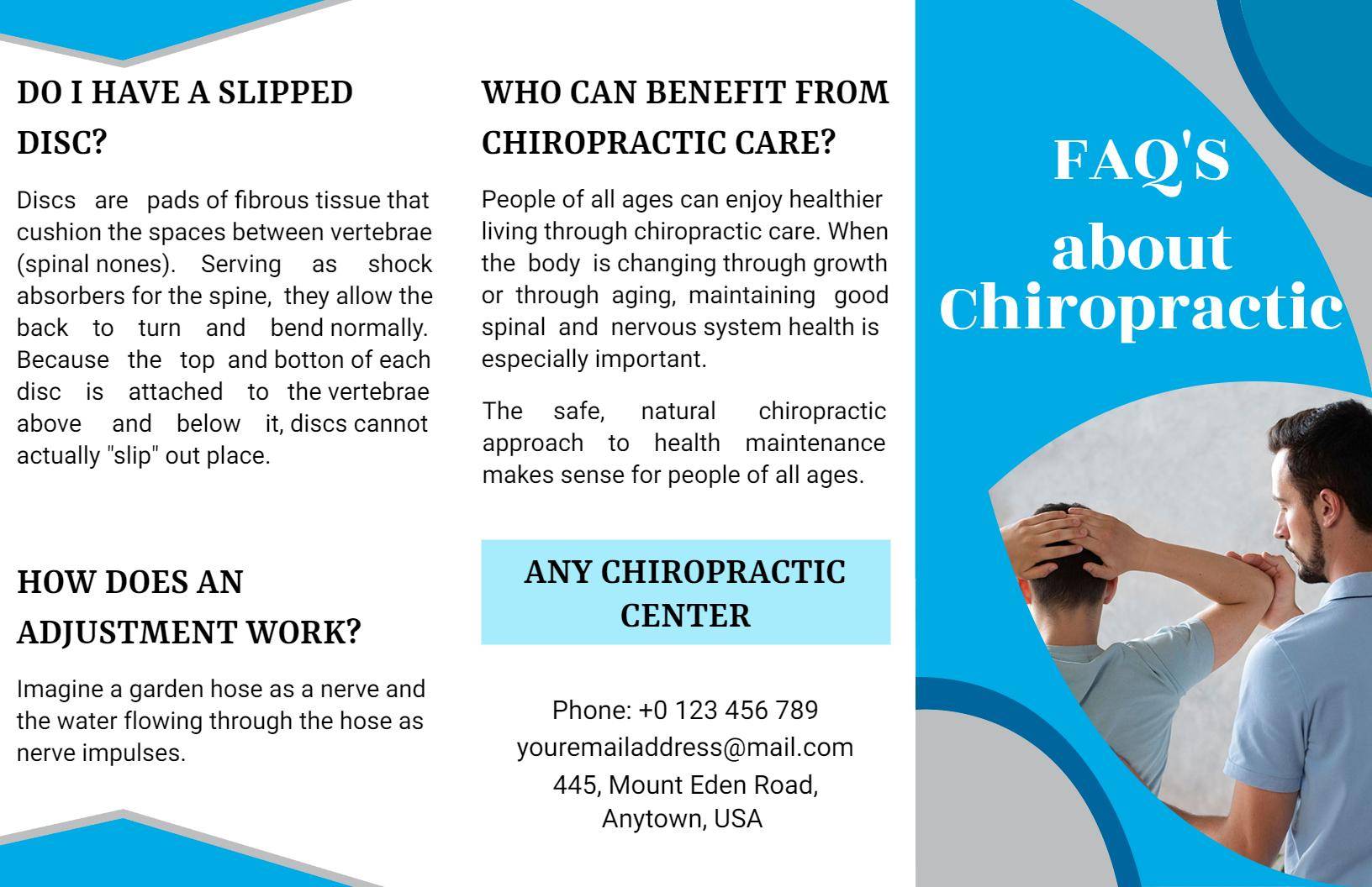 Informative Chiropractic Care FAQ and Adjustment Guide Brochure Template