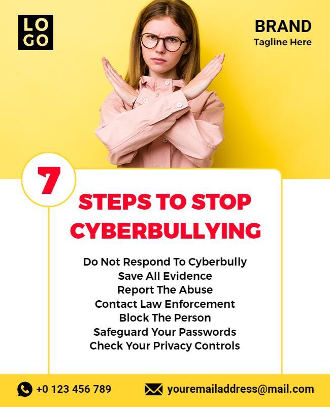 Informative Yellow Cyberbullying Prevention Steps Poster Template