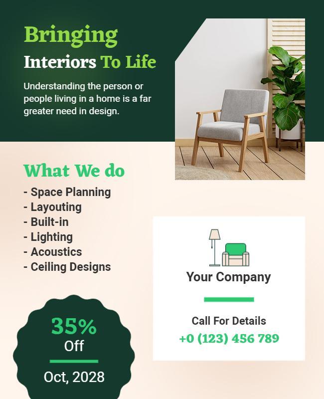 Modern Green Interior Design Services Promotional Flyer Template