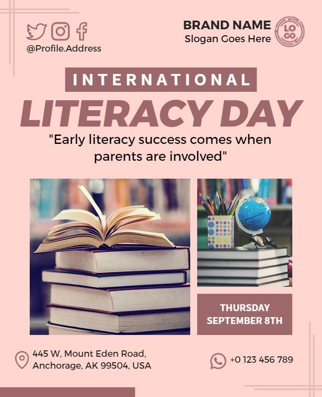 Elegant Pink International Literacy Day Awareness Flyer Template