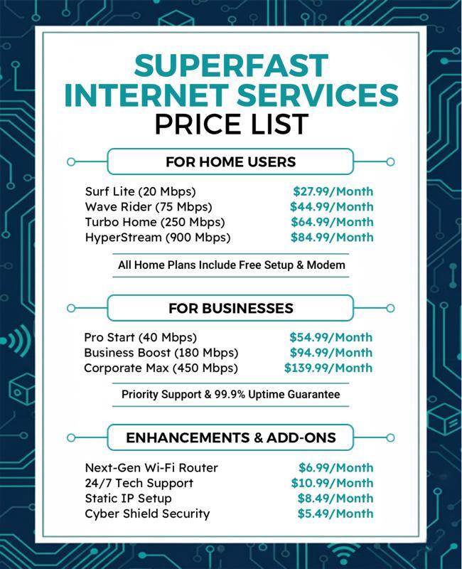 Internet Services Price List for Home and Business Flyer Template