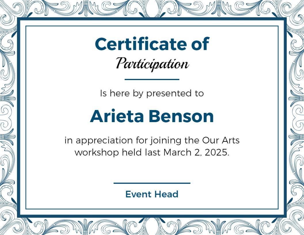 Intricate Elegant Blue Border Art Workshop Participation Certificate Template