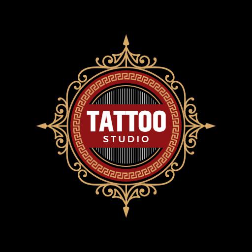 Intricate Gold and Red Design Embracing Tattoo Studio Logo Template