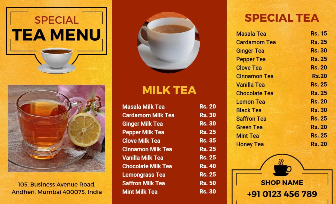 Invigorating Specialty Teas and Milk Varieties Featuring Classic Tea Menu Template