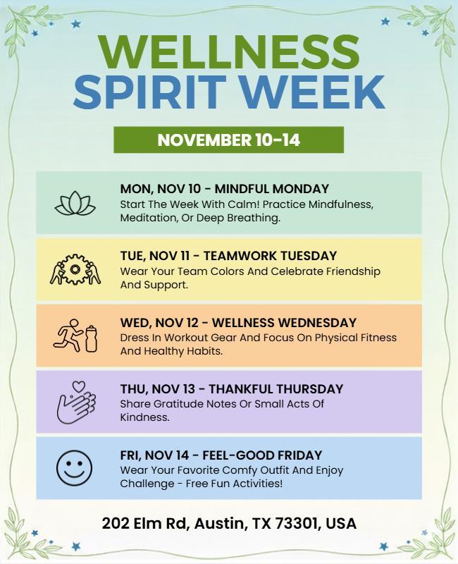 Invigoration Green Wellness Spirit Week Activities Flyer Template