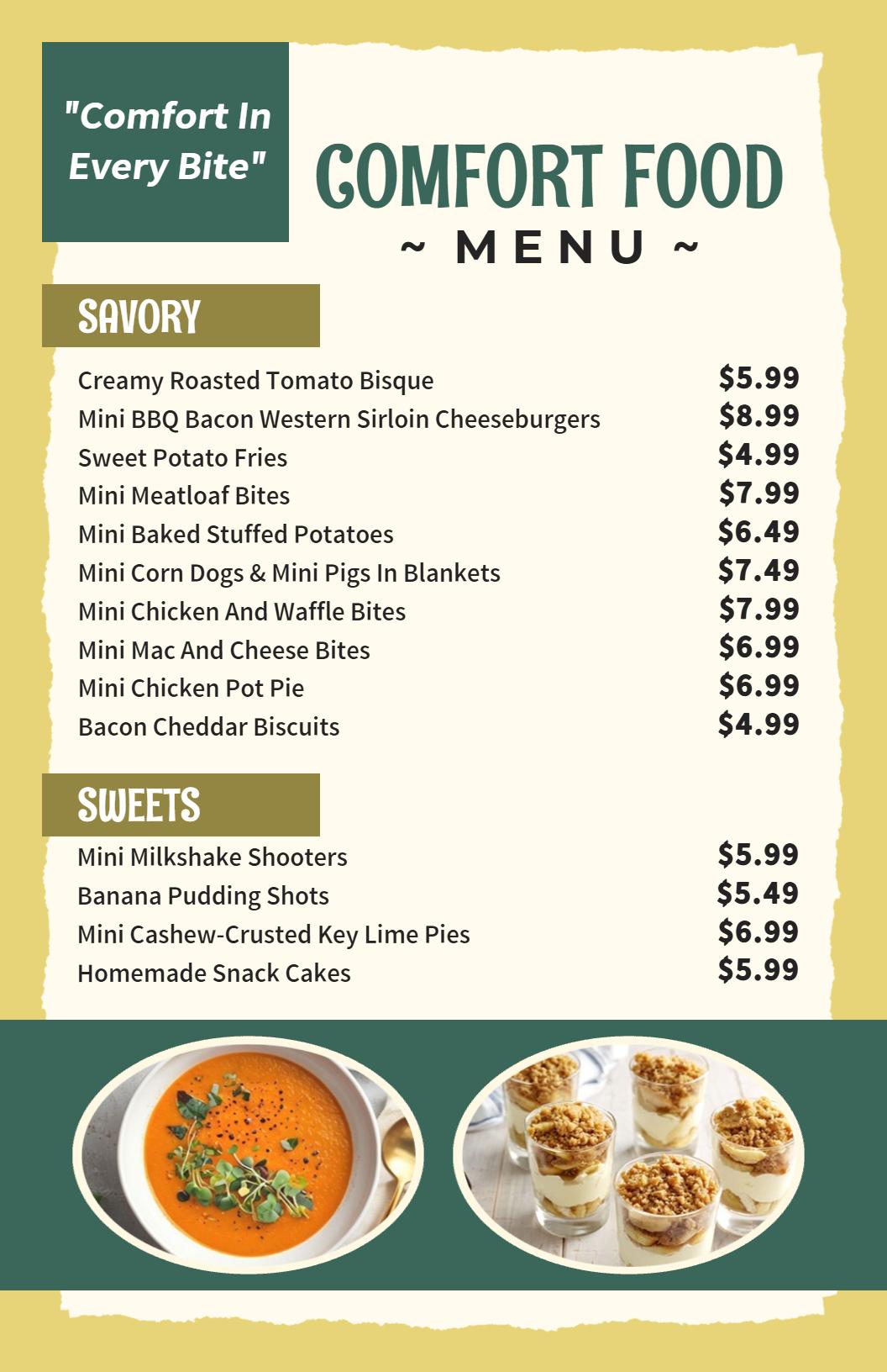 Inviting Beige and Green Comfort Cuisine Menu Template