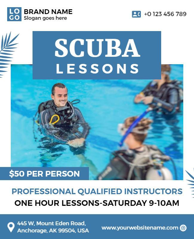 Inviting Blue Scuba Diving Lessons for Beginners Poster Template