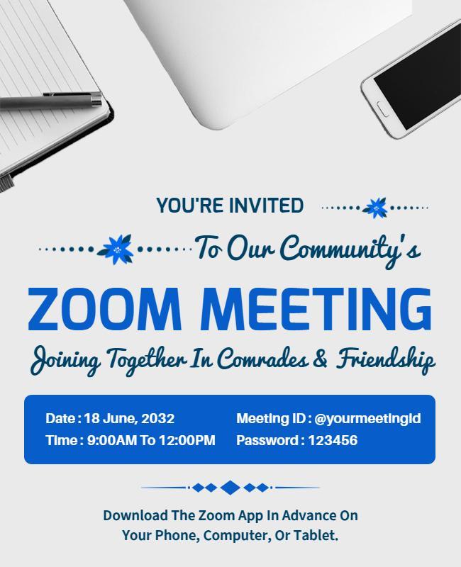 Inviting Blue Zoom Meeting for Community Friendship Poster Template