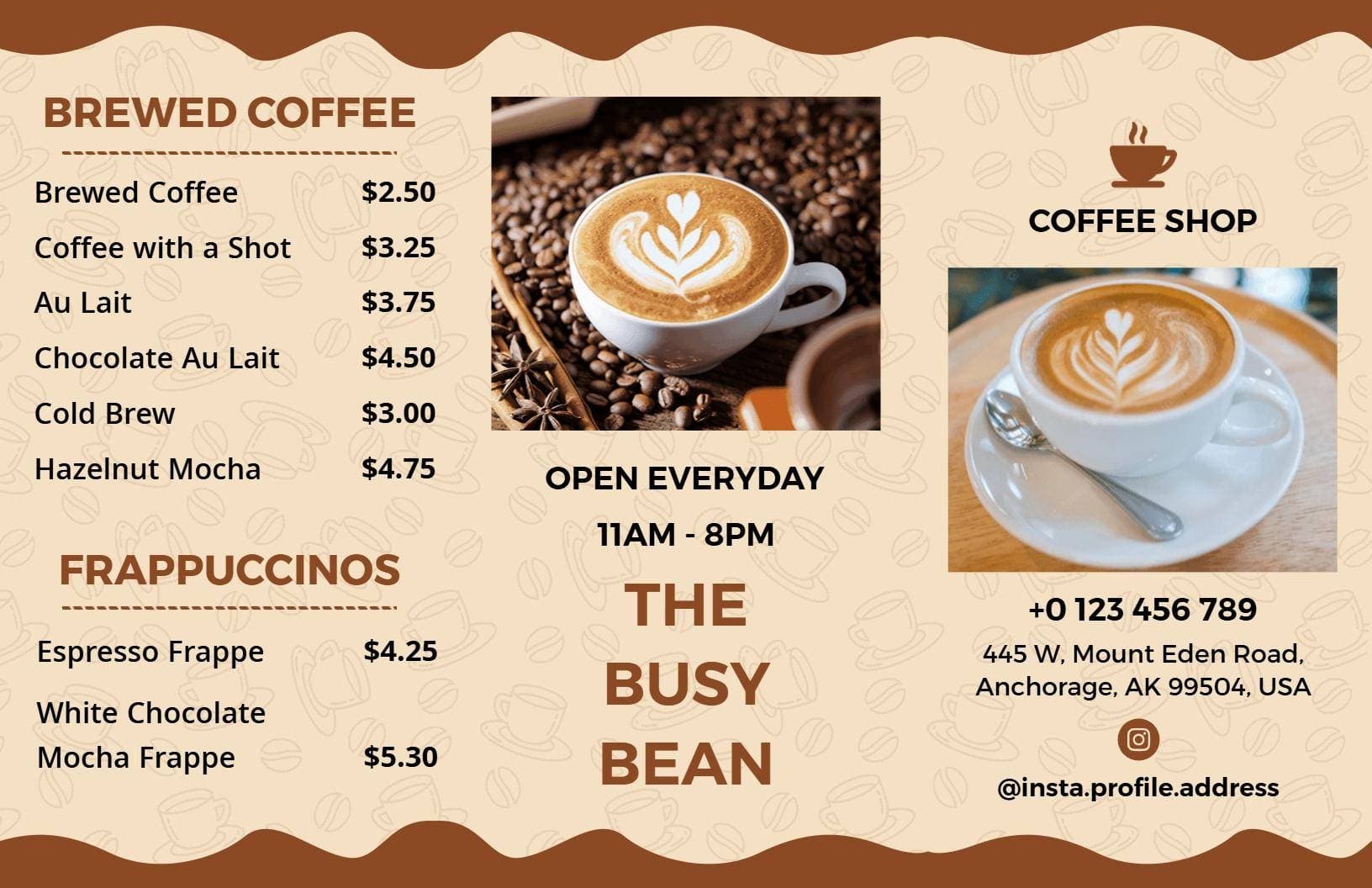 Inviting Coffee and Chai Selections with Dessert Options Cafe Menu Template